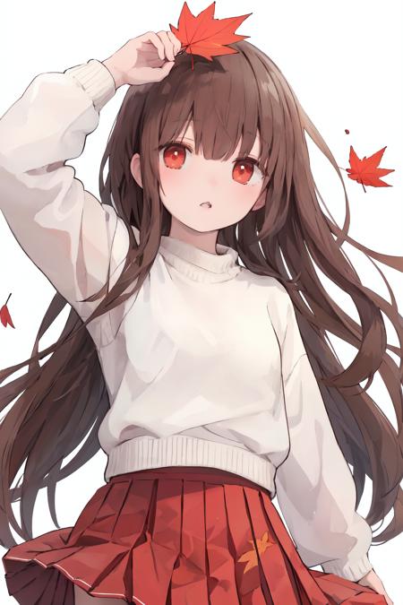 02342-1094221093-1girl, solo, long hair, red eyes, skirt, brown hair, leaf, bangs, white background, holding leaf, long sleeves, looking at viewe.png